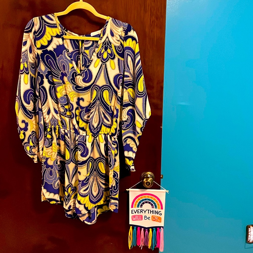 Romper with 3/4 length draped sleeves in shades of blue & cream — worn once
